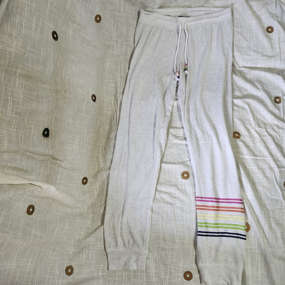 PJ Salvage White Rainbow Stripe Leg Knit Jogger Pajama Lounge Pants Size Small